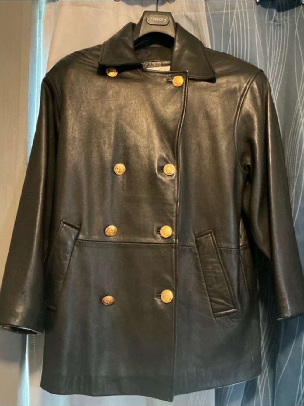 Lord & Taylor Black Leather Double-Breasted Coat with Gold Buttons